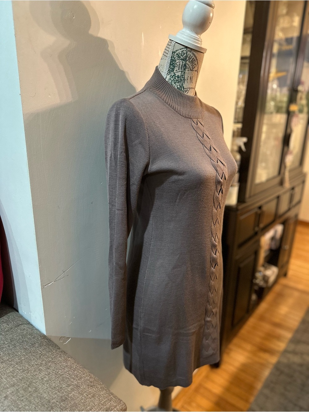 Long-Sleeve Taupe Knit Dress with Braided Front - Picture 5 of 12
